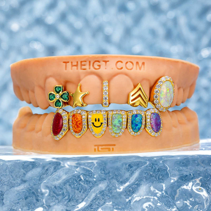 Custom Gap Bar & Colored Opal W Smile Face Grillz