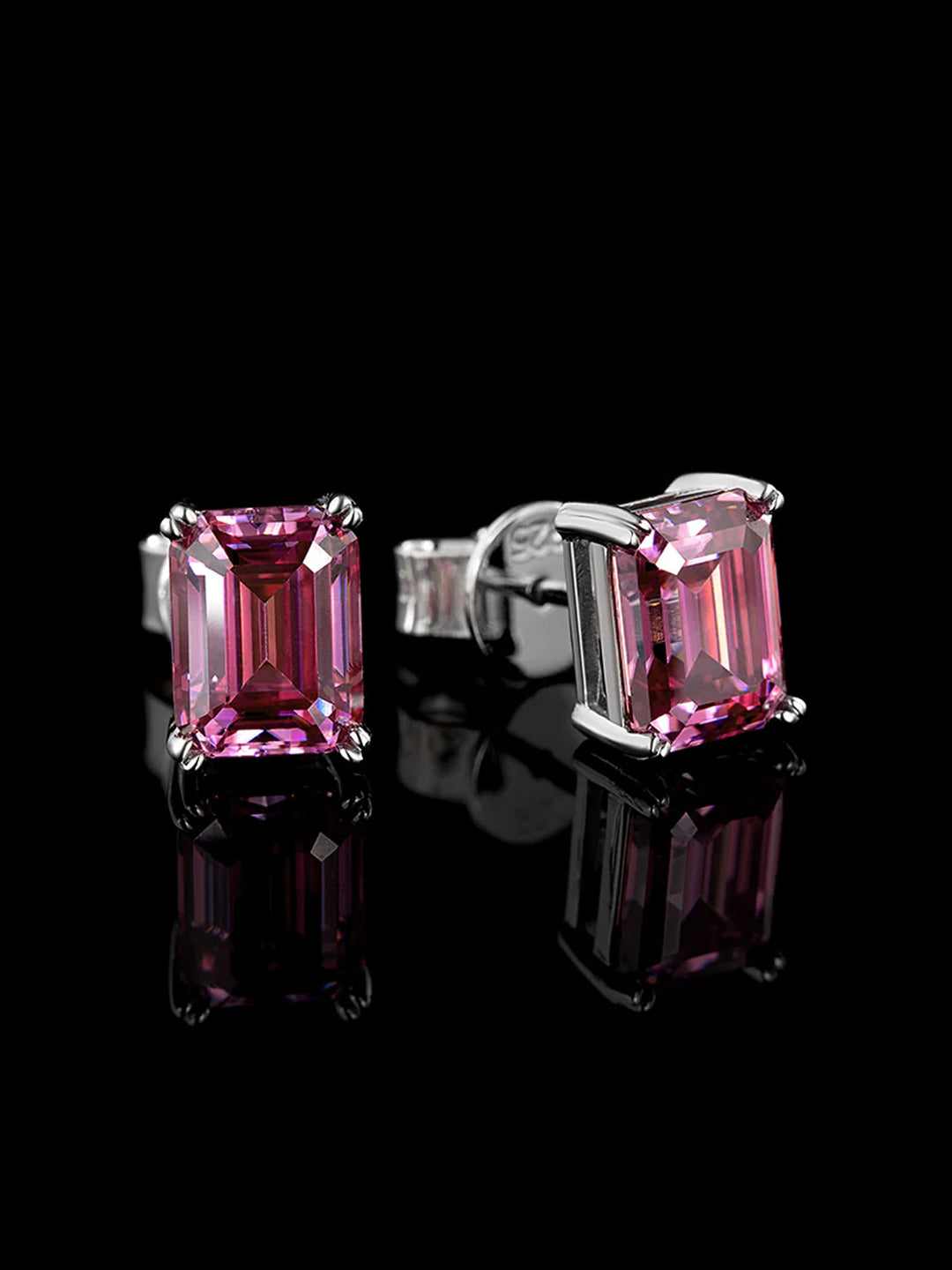 S925 Pink Moissanite Emerald Cut  Stud Earrings-4.00 Carat Total