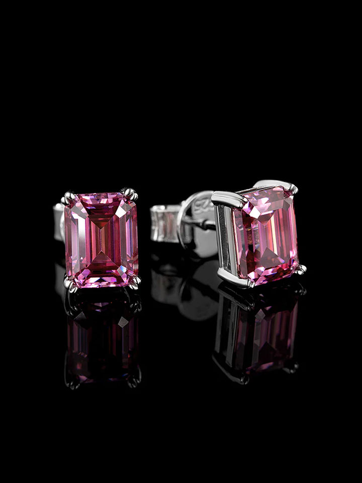S925 Pink Moissanite Emerald Cut  Stud Earrings-4.00 Carat Total