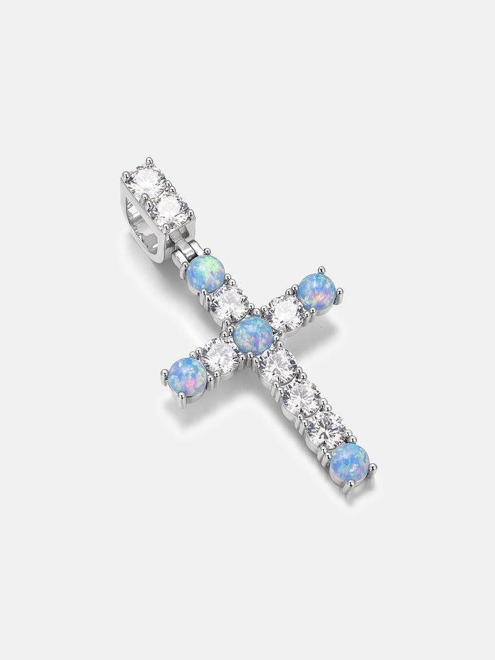 6mm Blue Opal & Moissanite Cross Pendant