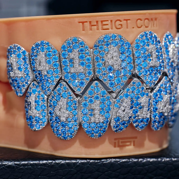 Pave Setting Number Diamond Grillz Blue Topaz