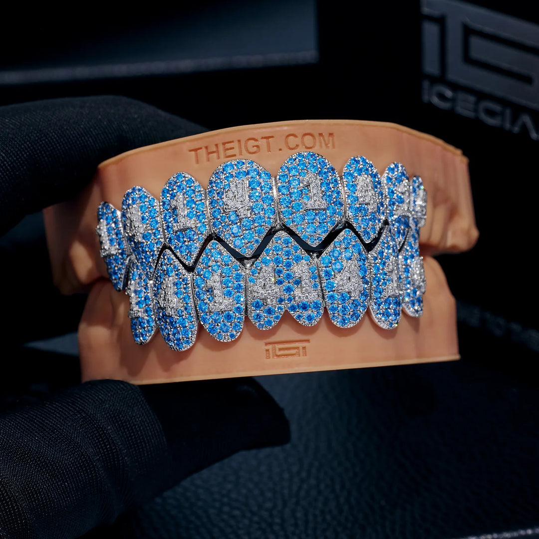 Pave Setting Number Diamond Grillz Blue Topaz