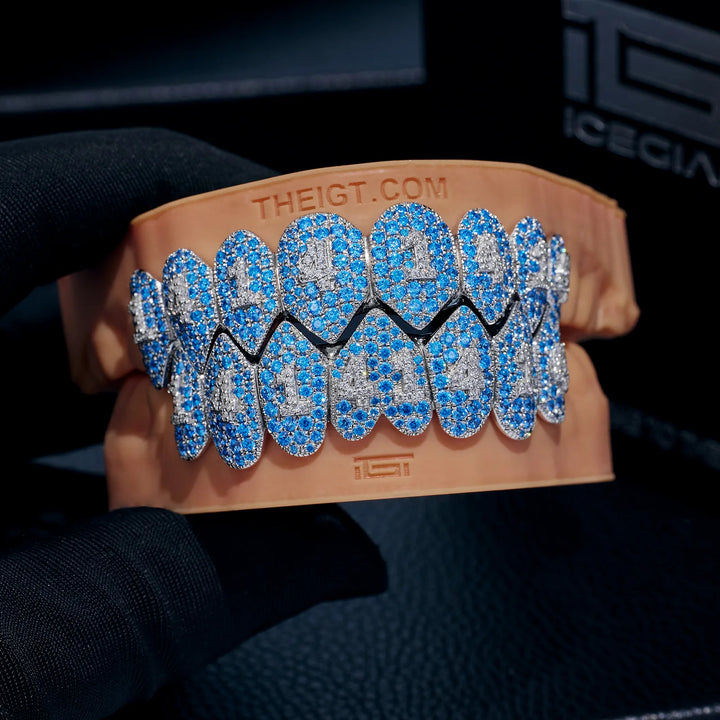 Pave Setting Number Diamond Grillz Blue Topaz