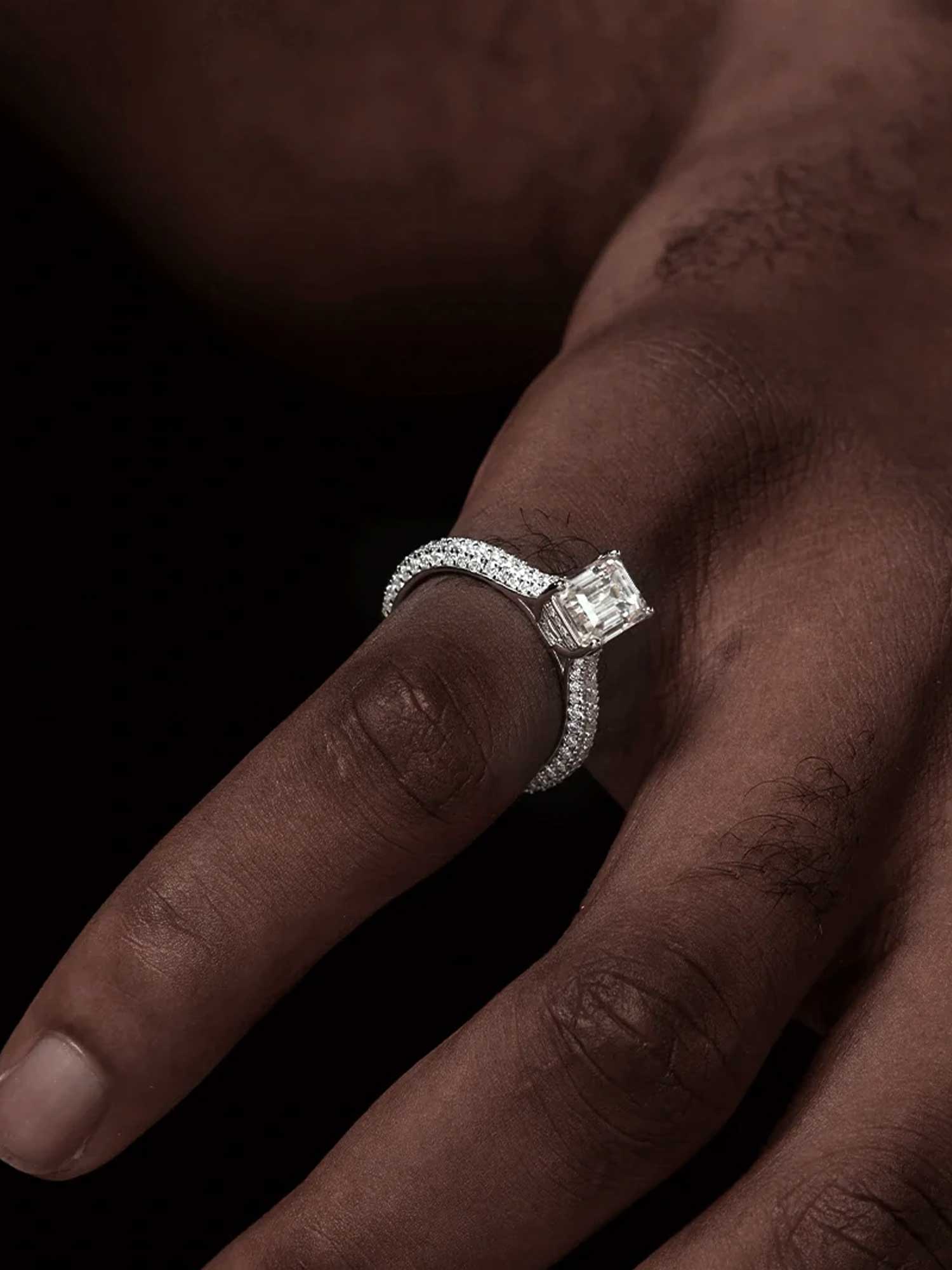Emerald Cut Halo Ring with Side Diamonds