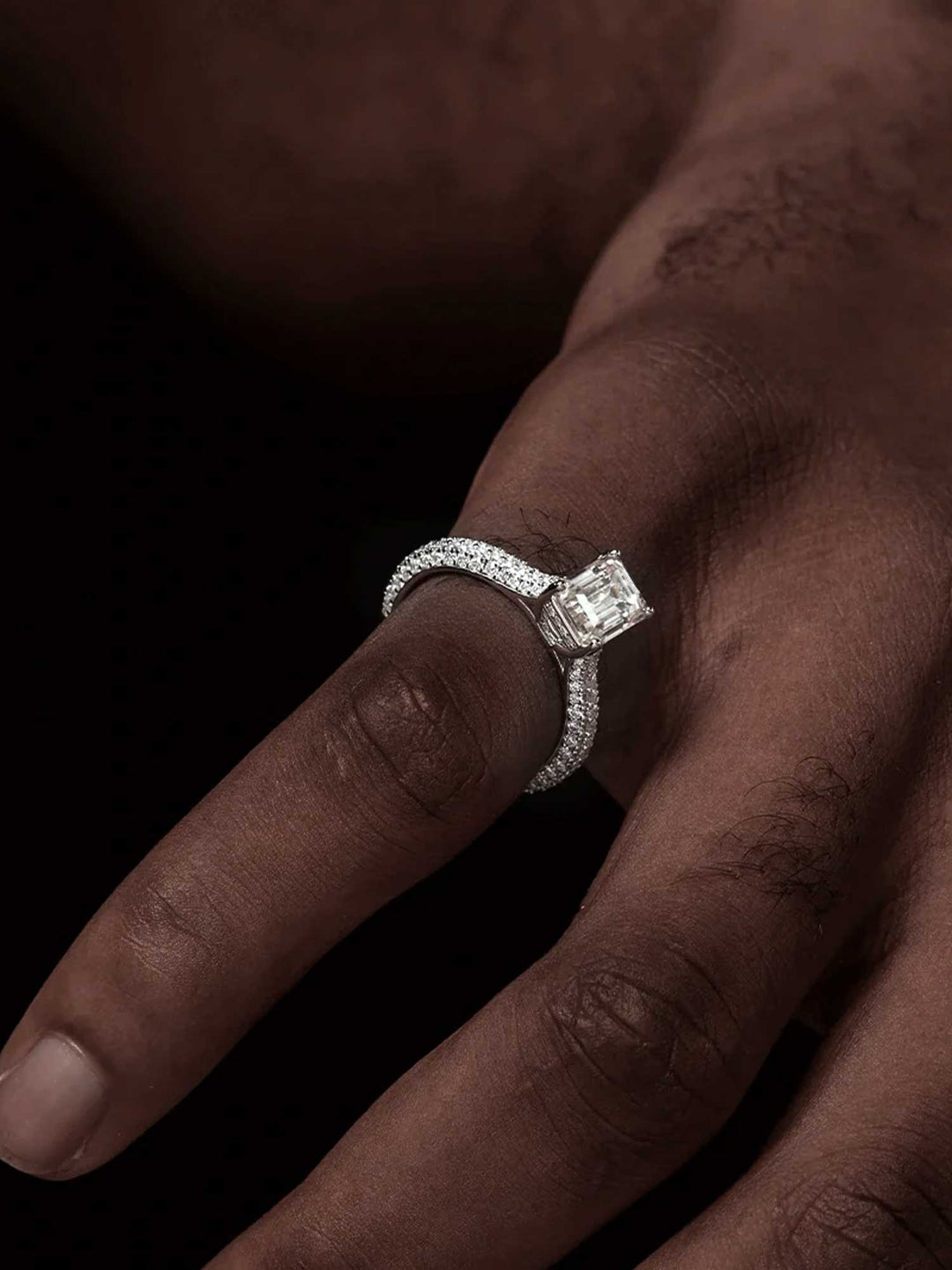 Emerald Cut Halo Ring with Side Diamonds
