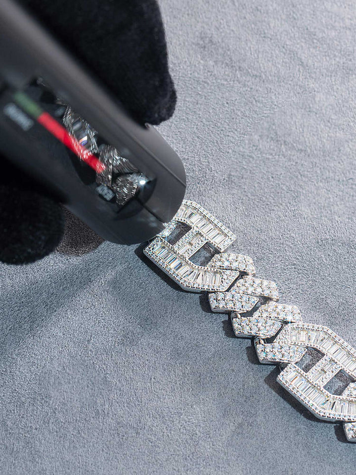 Made to Order 15mm S925 Moissanite Prong Baguette Cuban Chain or Bracelet