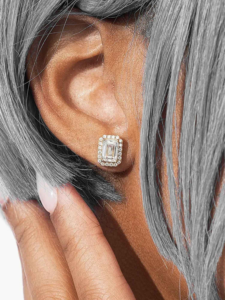 S925 Moissanite Emerald Cut Halo Stud Earrings