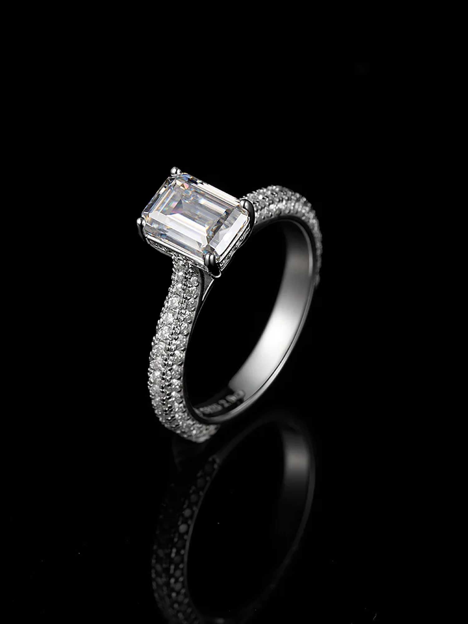 Emerald Cut Halo Ring with Side Diamonds