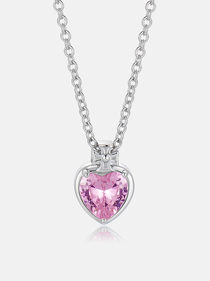 8mm Pink Heart & Cross Solitaire Moissanite Necklace