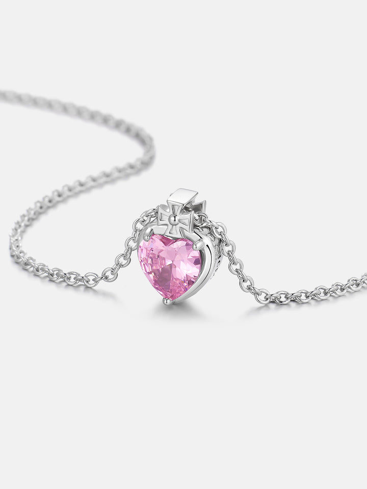 8mm Pink Heart & Cross Solitaire Moissanite Necklace