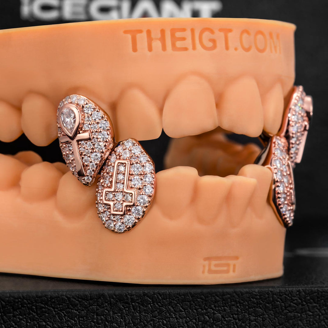 Rose Gold Plated Ankh And Cross On Moissanite Fangs Grillz