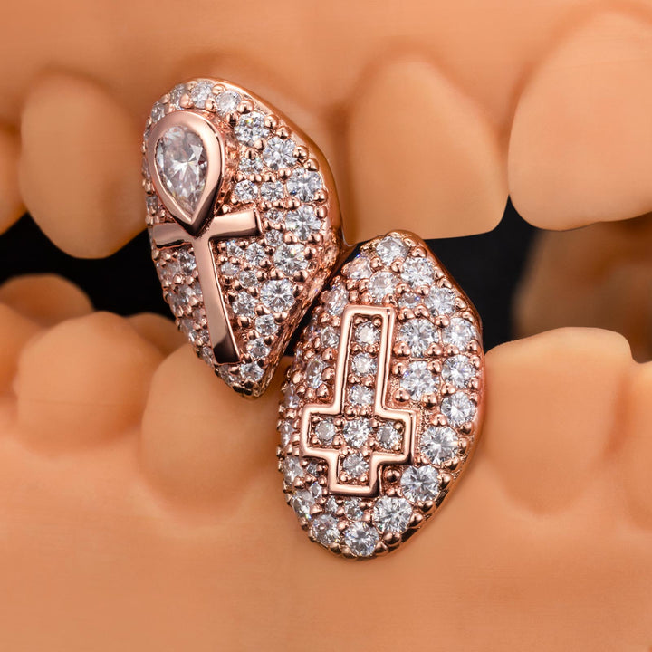 Rose Gold Plated Ankh And Cross On Moissanite Fangs Grillz