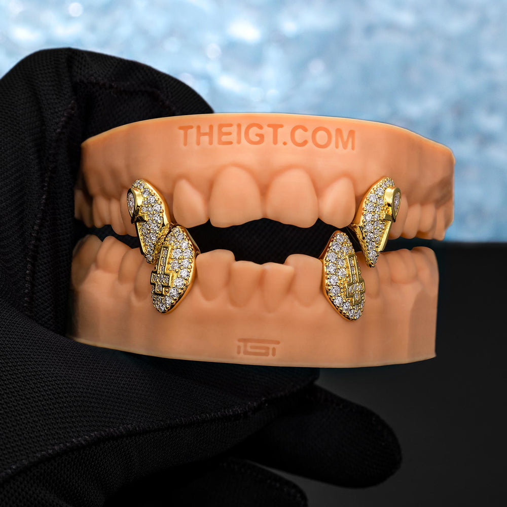 Yellow Gold Plated Ankh And Cross On Moissanite Fangs Grillz