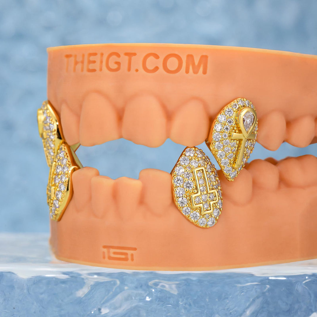 Yellow Gold Plated Ankh And Cross On Moissanite Fangs Grillz