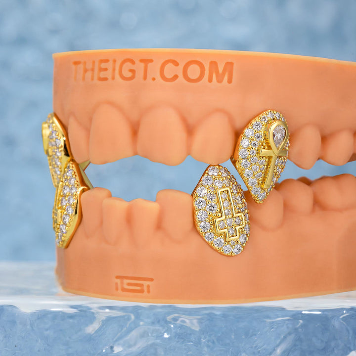Yellow Gold Plated Ankh And Cross On Moissanite Fangs Grillz