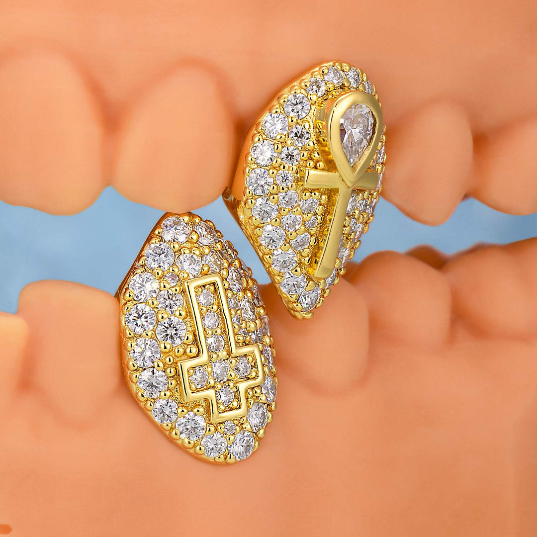 Yellow Gold Plated Ankh And Cross On Moissanite Fangs Grillz