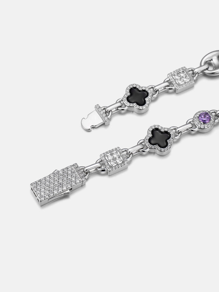 Black Agate & Purple Gem Moissanite G-Link Clover Chain