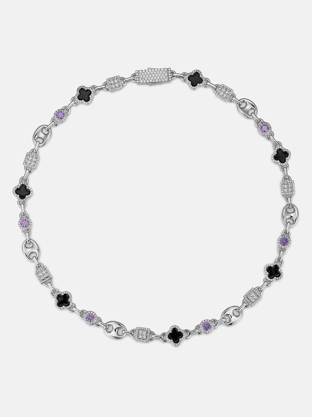 Black Agate & Purple Gem Moissanite G-Link Clover Chain