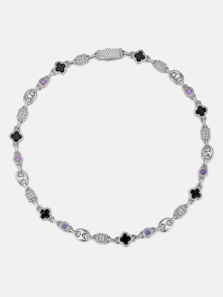 Black Agate & Purple Gem Moissanite G-Link Clover Chain