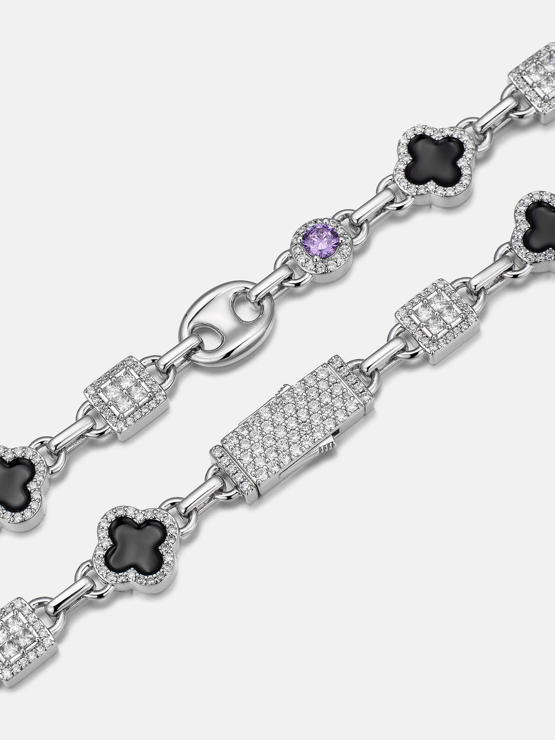Black Agate & Purple Gem Moissanite G-Link Clover Chain