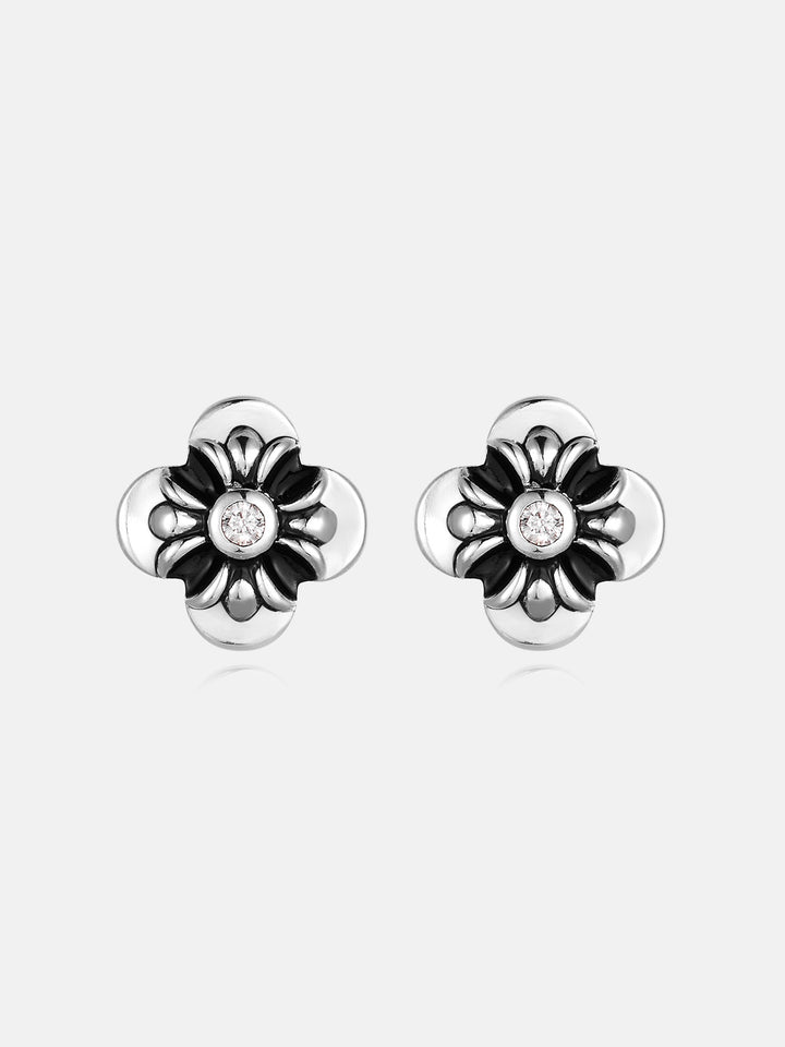 Black Enamel Blossom Moissanite Cross Studs