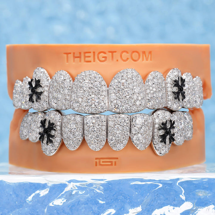 Black Enamel Cross Mosaic Moissanite Grillz