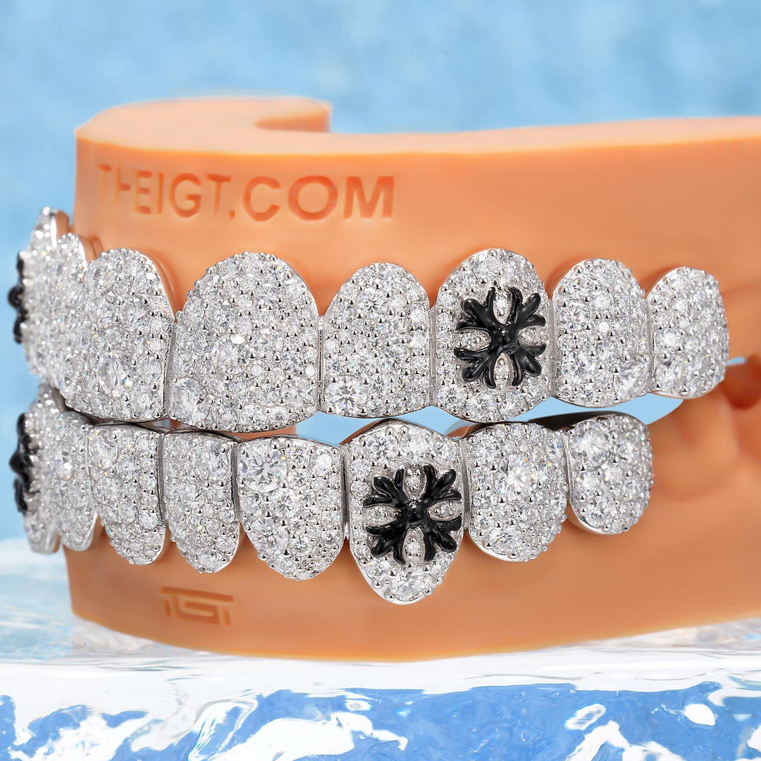 Black Enamel Cross Mosaic Moissanite Grillz