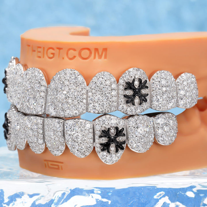 Black Enamel Cross Mosaic Moissanite Grillz