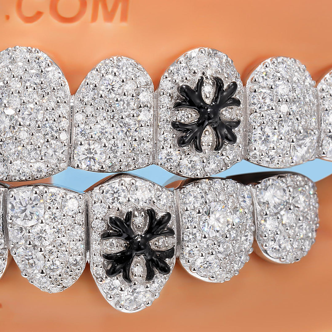 Black Enamel Cross Mosaic Moissanite Grillz