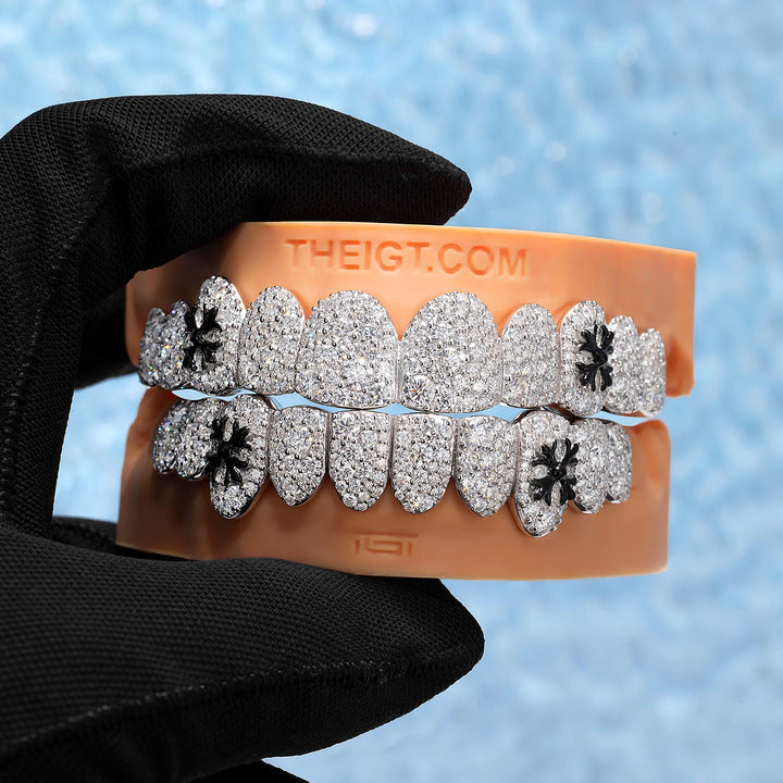 Black Enamel Cross Mosaic Moissanite Grillz