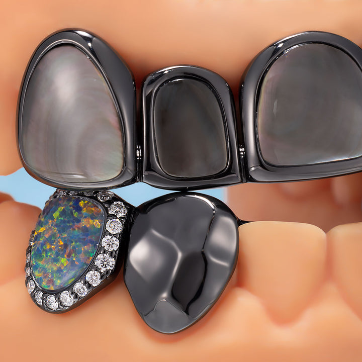 Black Shell Opal Hammered Fang Black Gold Grillz - ICEGIANT