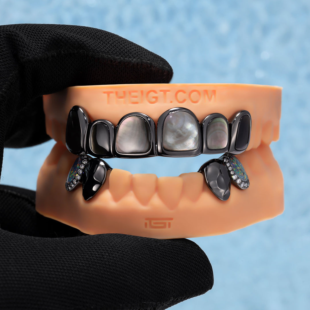 Black Shell Opal Hammered Fang Black Gold Grillz - ICEGIANT
