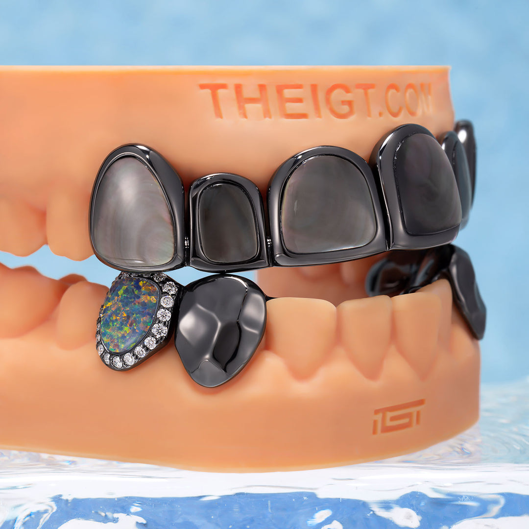 Black Shell Opal Hammered Fang Black Gold Grillz - ICEGIANT