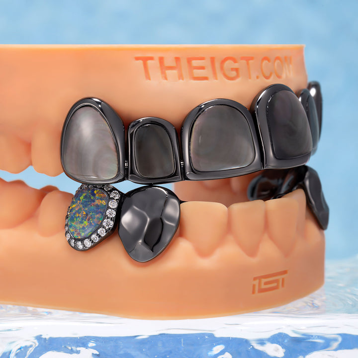 Black Shell Opal Hammered Fang Black Gold Grillz - ICEGIANT