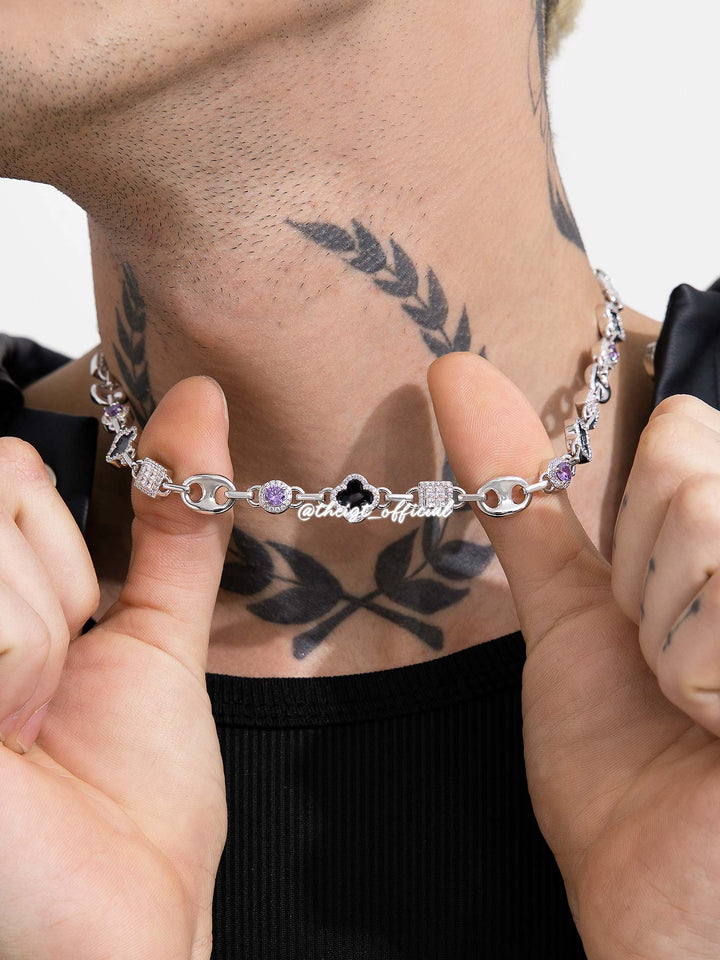 Black Clover & Purple Gem Moissanite G-Link Chain