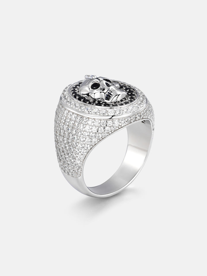 Black & White Moissanite Skull Oval Signet Ring