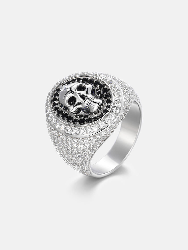 Black & White Moissanite Skull Oval Signet Ring