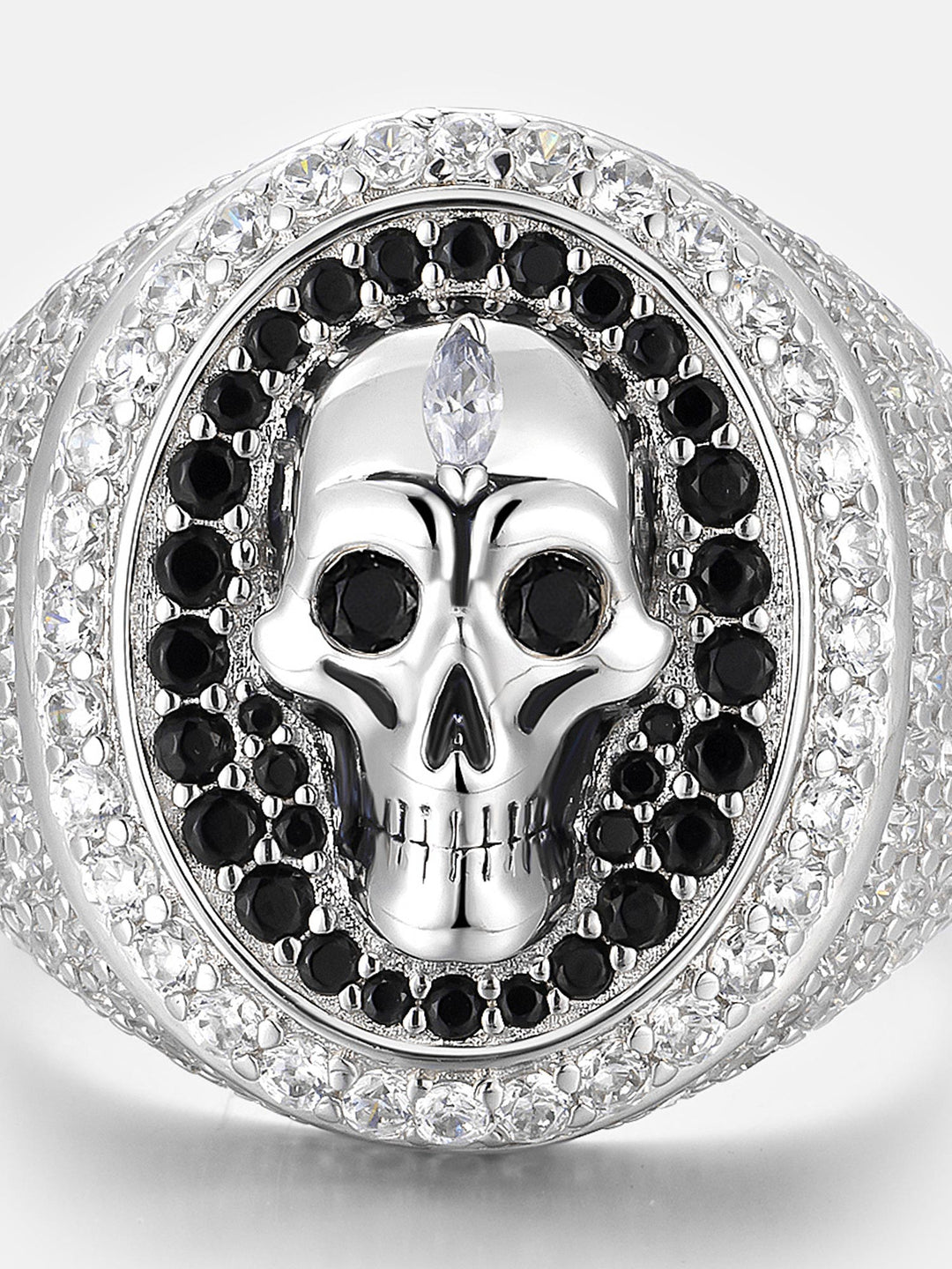 Black & White Moissanite Skull Oval Signet Ring