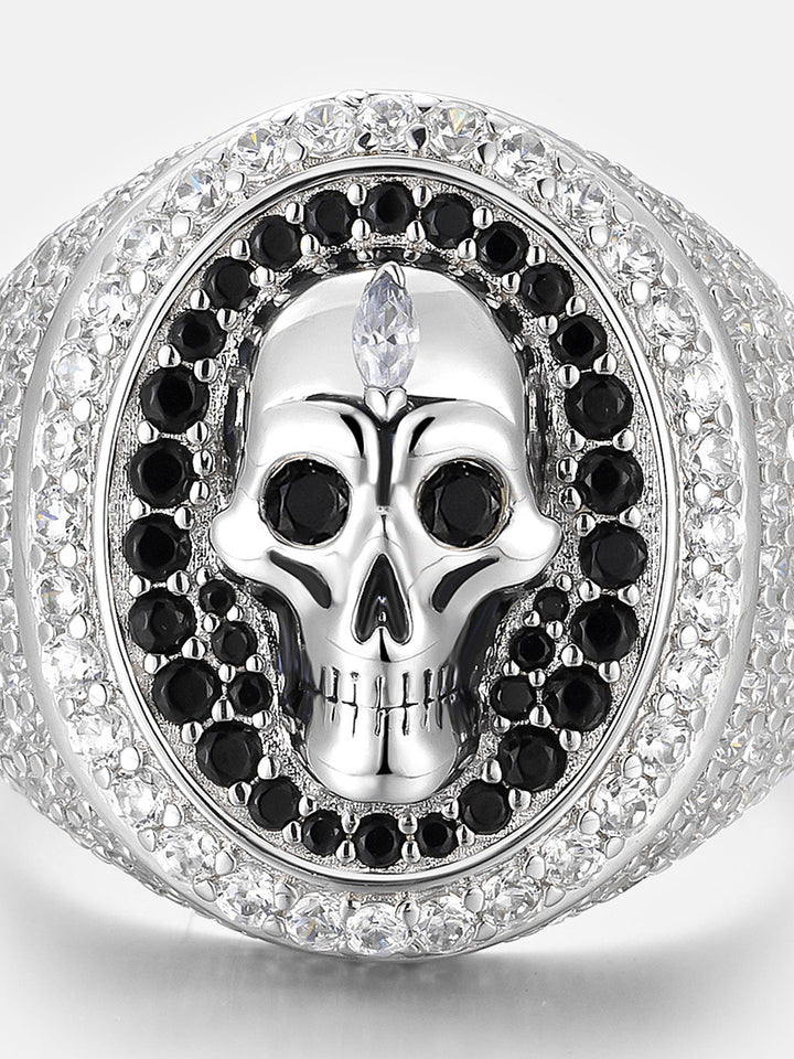 Black & White Moissanite Skull Oval Signet Ring