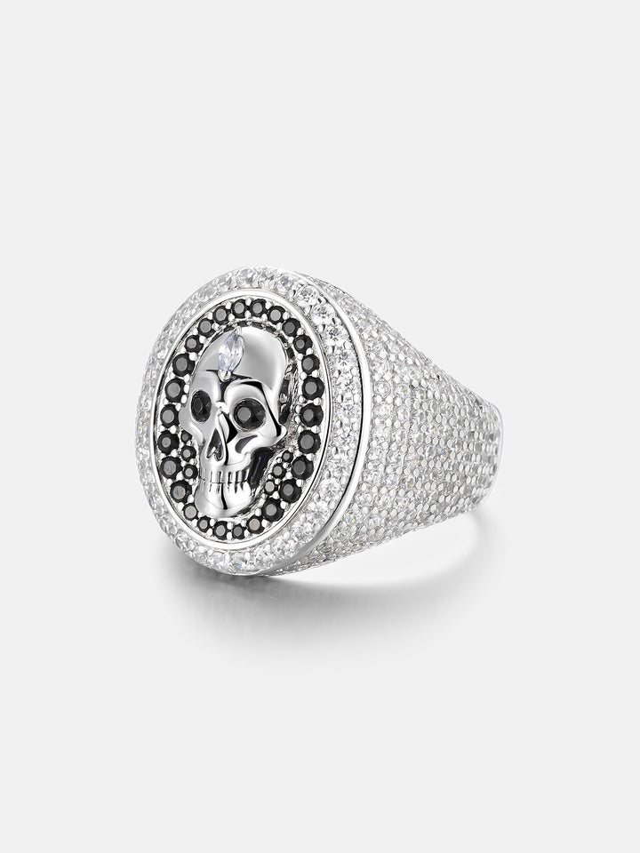 Black & White Moissanite Skull Oval Signet Ring