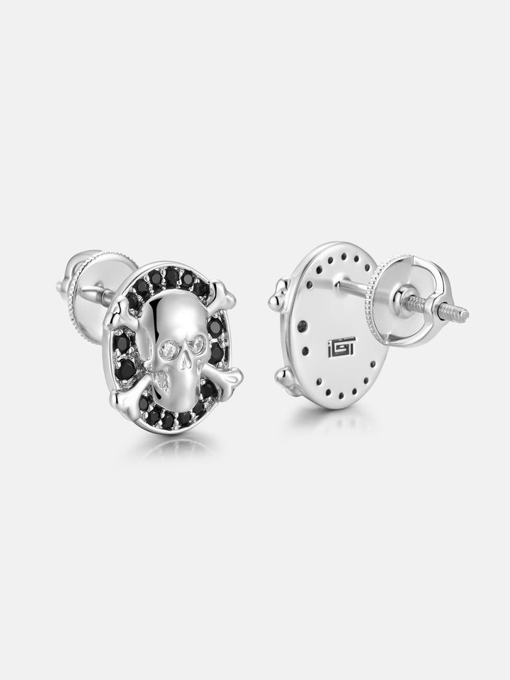 Black & White Moissanite Skull Crossbones Stud Earrings