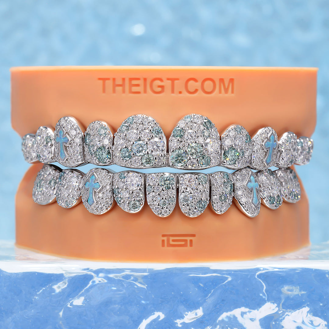 Blue-White Mosaic Set W Opal Cross Grillz