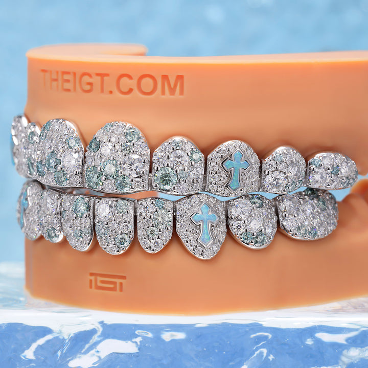 Blue-White Mosaic Set W Opal Cross Grillz
