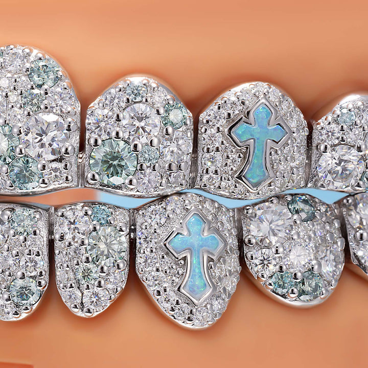 Blue-White Mosaic Set W Opal Cross Grillz