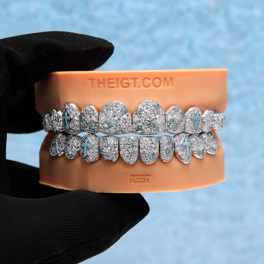 Blue-White Mosaic Set W Opal Cross Grillz