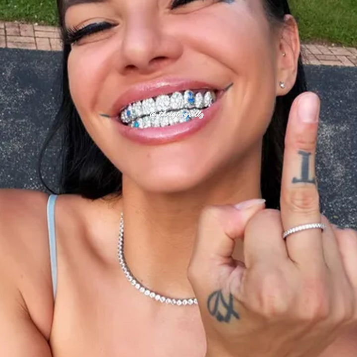 Blue-White Mosaic Set W Opal Cross Grillz