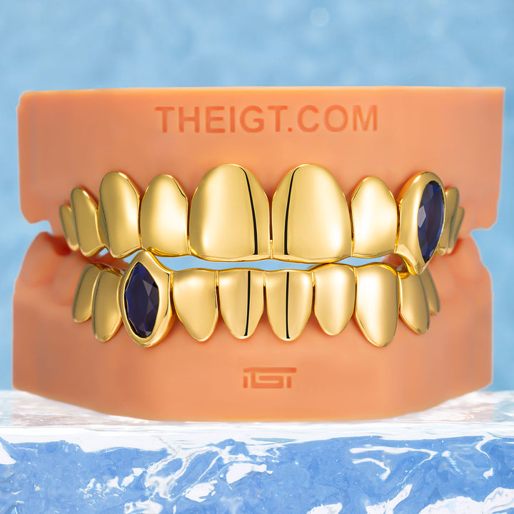 Blue Gem Vampire Polished Gold Grillz - ICEGIANT