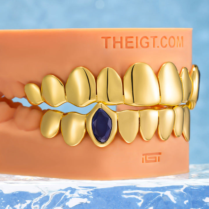 Blue Gem Vampire Polished Gold Grillz - ICEGIANT