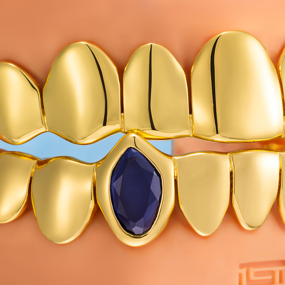 Blue Gem Vampire Polished Gold Grillz - ICEGIANT