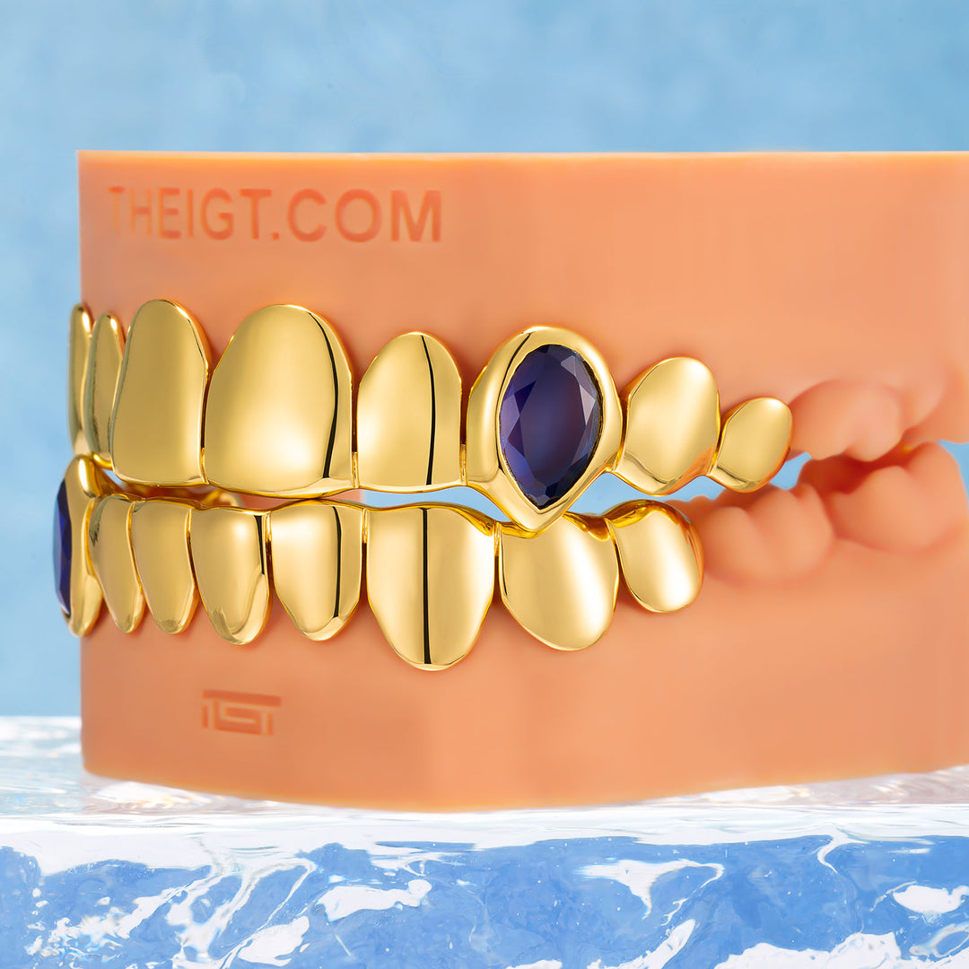 Blue Gem Vampire Polished Gold Grillz - ICEGIANT